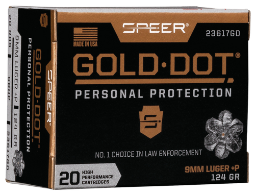 Speer Ammo Gold Dot Personal Protection 9mm +P 124gr, Hollow Point, 20rd Box
