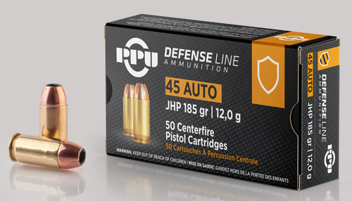 PPU Handgun Defense 45 ACP 185gr, Jacketed Hollow Point, 50rd Box
