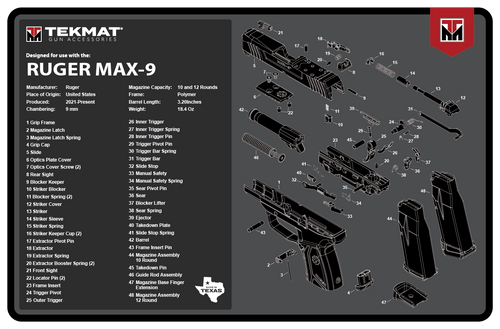 TekMat Ruger Max 9 Cleaning Mat Black/White Rubber 11" x 17"