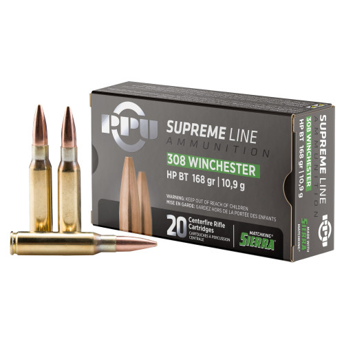 PPU Supreme Line 308 Winchester, 168gr, Boat Tail Hollow Point, 20rd Box